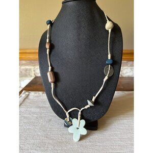 Boho Artisan Beaded Necklace Natural Cord Flower Pendant Tribal Hippie Festival